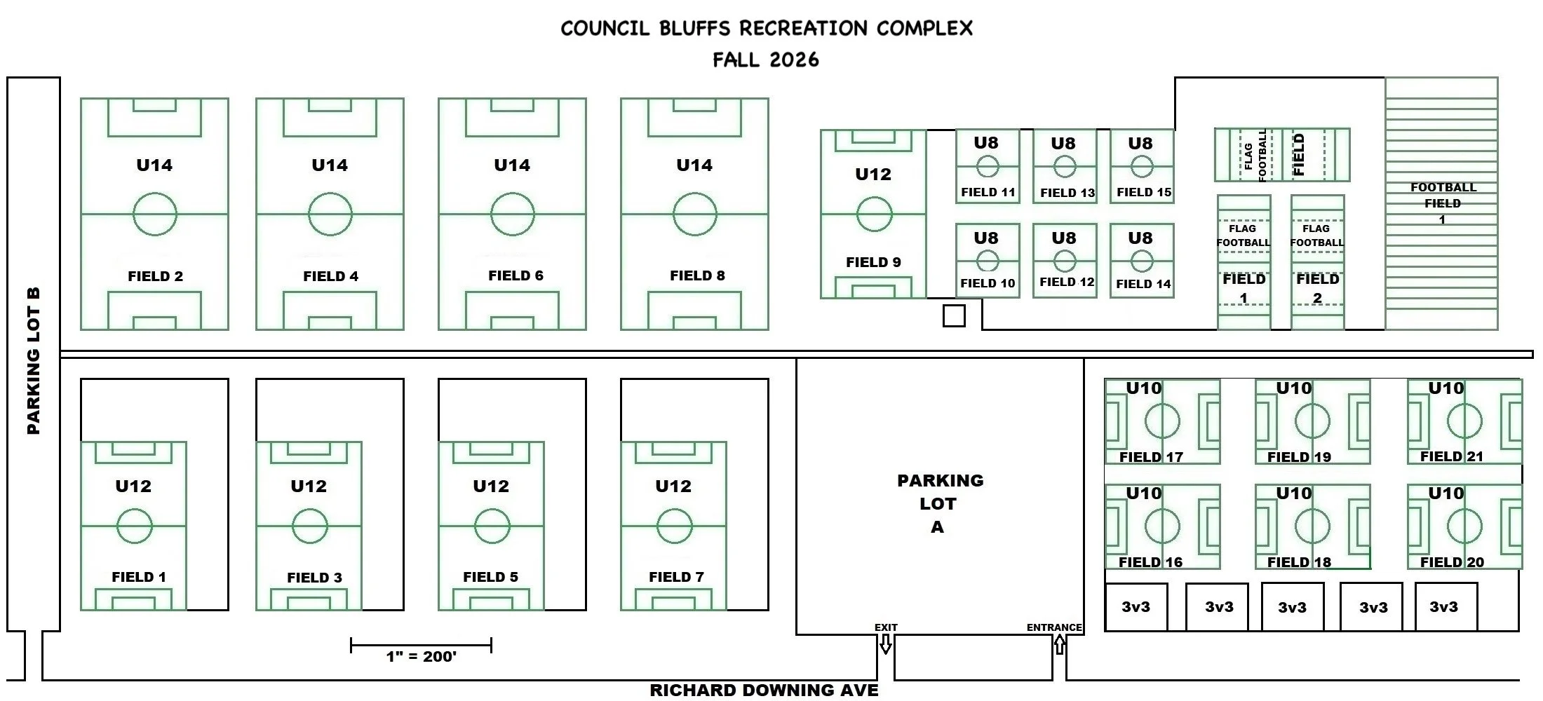 Field map of the Council Bluffs Recreation Complex for Fall 2026, showing the U8 through U14 fields, both parking lots, and the Richard Downing Ave entrance